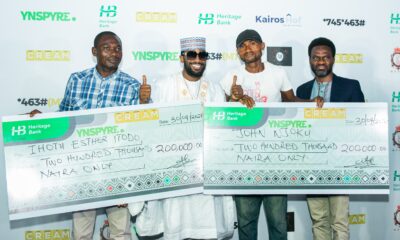 R-L: Fela Ibidapo, Divisional Head, Corporate Communications, Heritage Bank; winner of YNSPYRE draw, John Njoku; Dapo Oyebanjo (D'banj) and Ihotu Esther Etodo who was presented with the cheque of N200, 000 won in the March monthly draw, during the 2nd monthly draw of Heritage Bank’s YNSPYRE product in collaboration with CREAM Platform, at the weekend in Lagos.